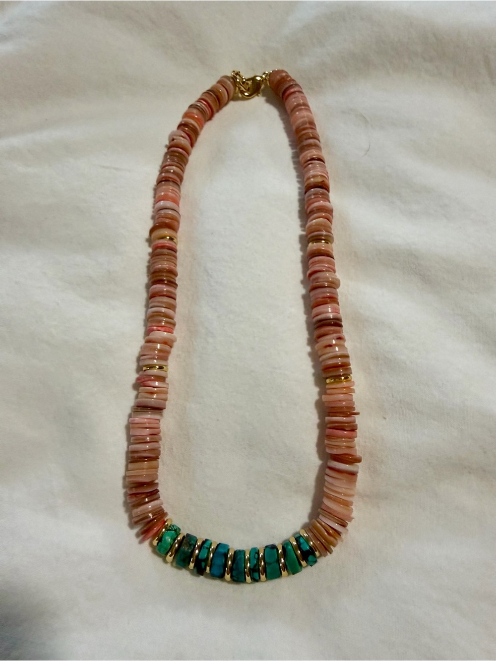 Coral/Pink and Turquoise Beaded Necklace with Gold Accents